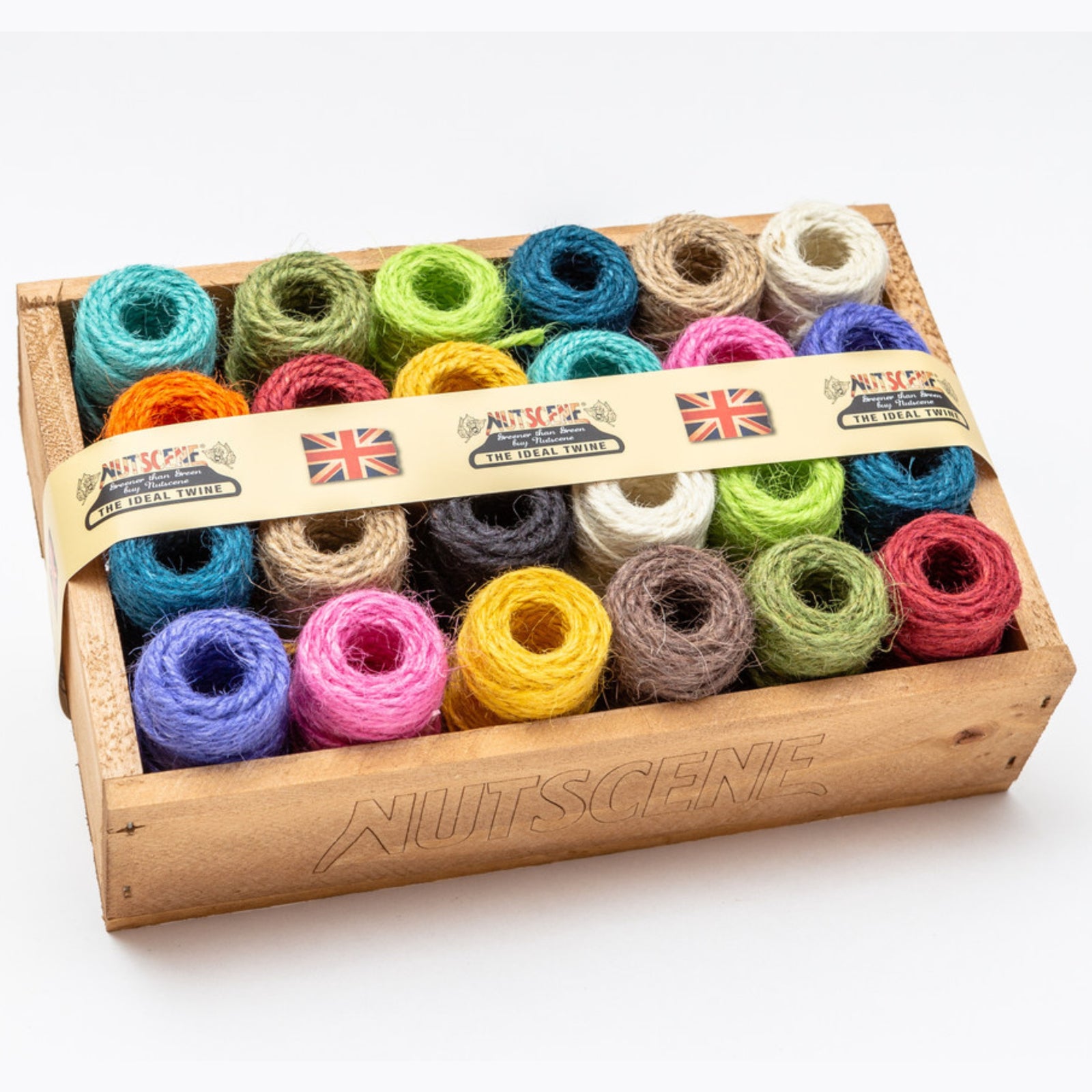 Wooden Crate of Mini Nutscene Heritage Twine spools- 6 pack